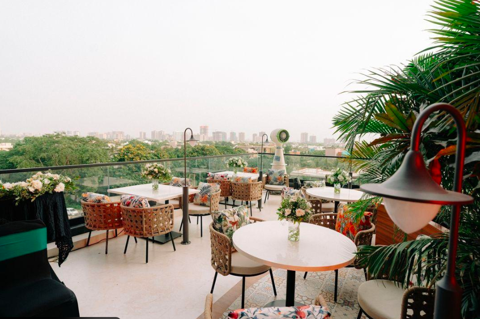 Sly Granny rooftop restaurant in Ahmedabad with vibrant interiors and vegetarian Italian and Pan Asian dishes