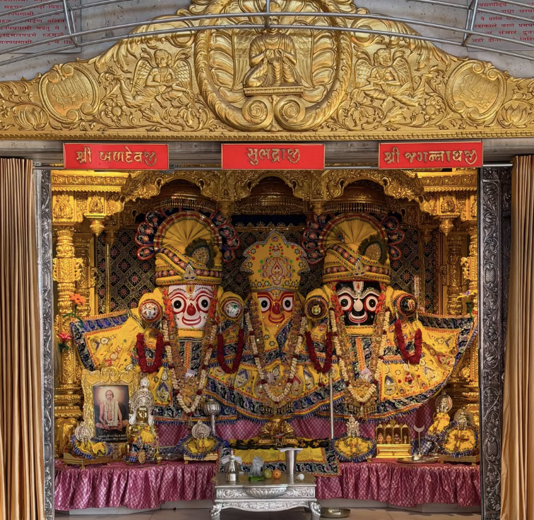 Devotees welcoming Lord Jagannath at Saraspur during Rath Yatra, where the deities traditionally visit their maternal home for Mahabhog