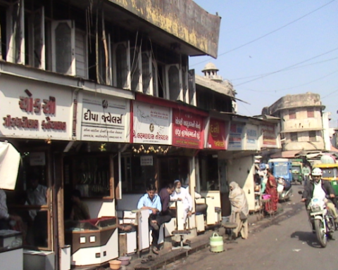 Historic jewellery and bullion shops in Ahmedabad's Manek Chowk where diamond merchants continue trading through generations.