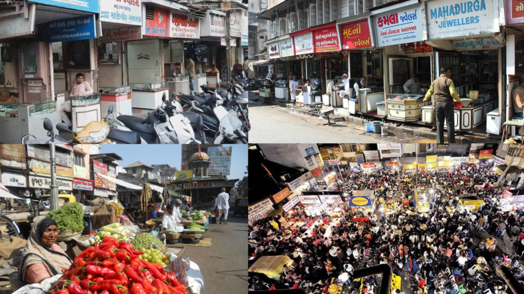 Aerial view of Manek Chowk in Ahmedabad's old city showcasing heritage buildings, jewellery shops, and bustling commercial activity.